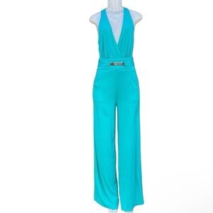 Lovposh Elegant Blue Jumpsuit with Belt Plunging V-Neckline Size L